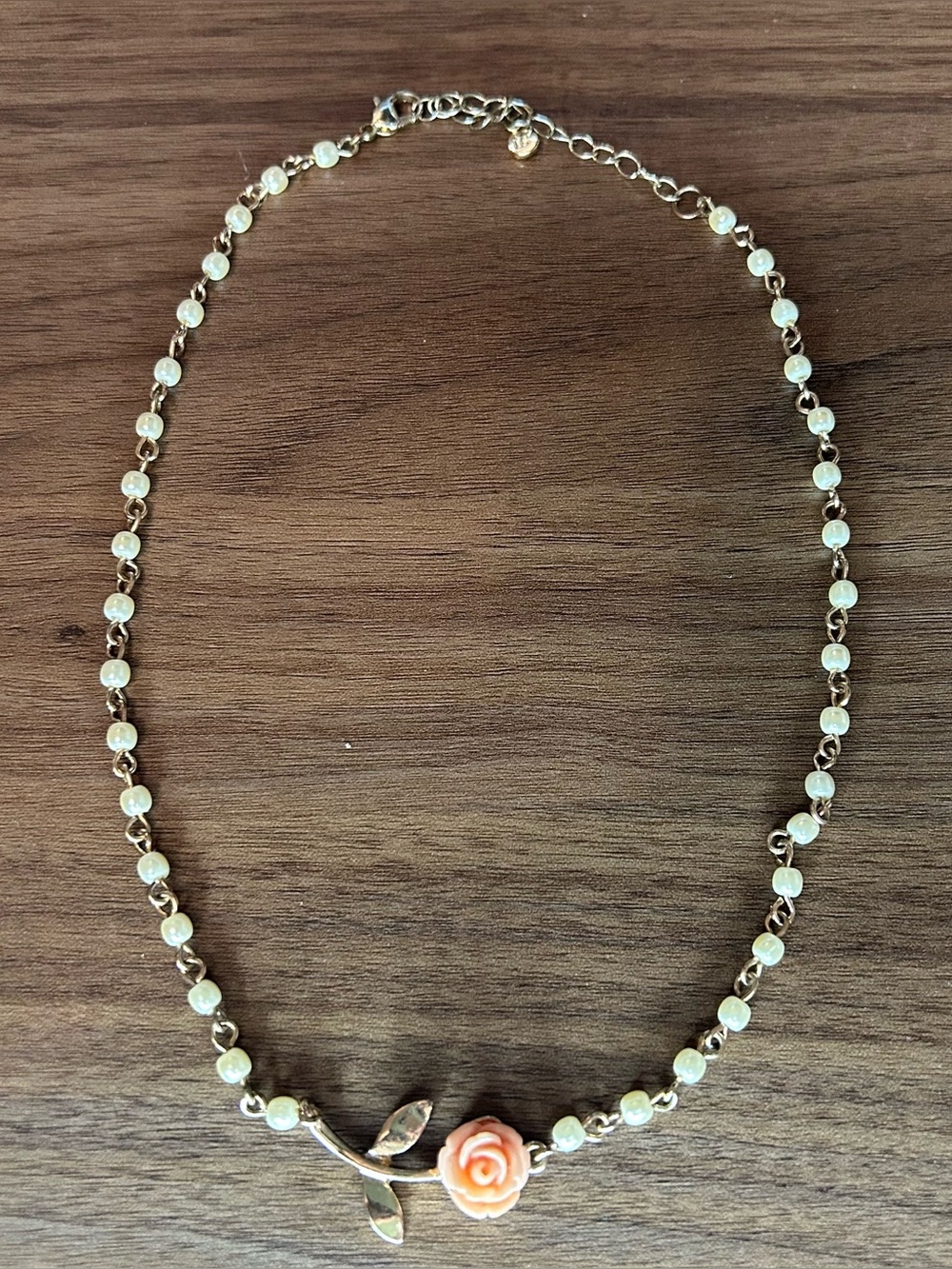 Delicate Pearl Chain Necklace with Pink Rose Accent